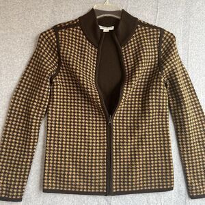 PENDLETON Sweater FULL ZIP Brown Houndstooth MERINO‎ Wool Womens Petite Sz S